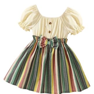 TAGAS Toddler Girls Striped Print Puff Sleeve Bow Front Dress