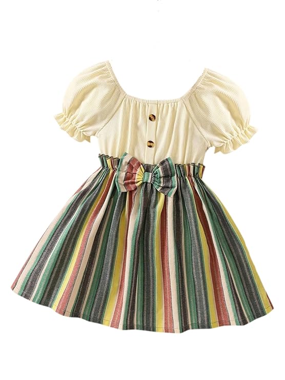 TAGAS Toddler Girls Striped Print Puff Sleeve Bow Front Dress