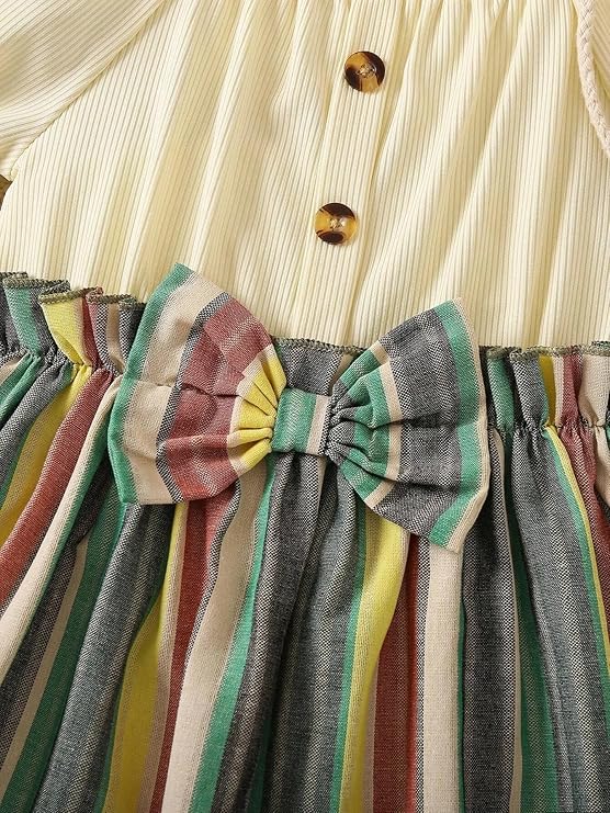 TAGAS Toddler Girls Striped Print Puff Sleeve Bow Front Dress - Image 4